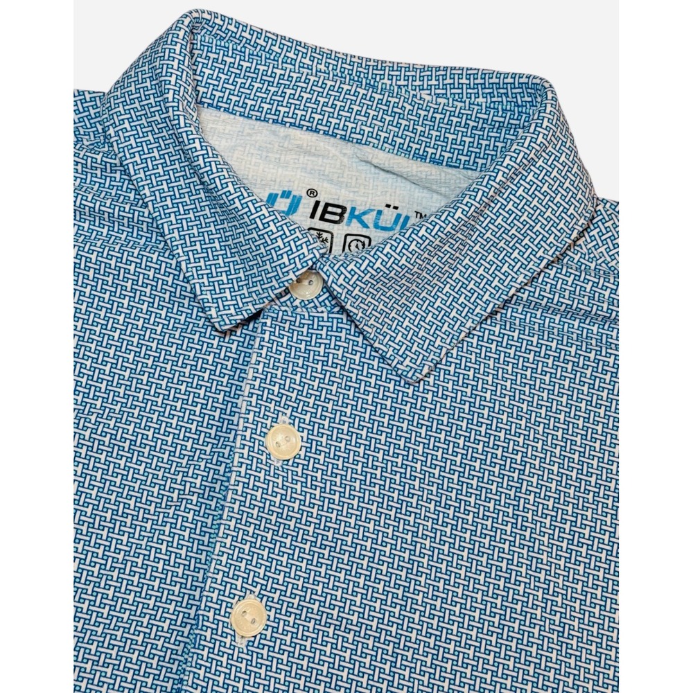 IBKUL Mens Medium Short Sleeve Polo Shirt Blue White Geometric UPF 50 Quick Dry